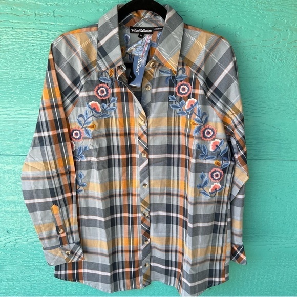 ANTHROPOLOGIE TOLANI EMBROIDERED BUTTON DOWN PLAID SHIRT SIZE MEDIUM NWT - Picture 1 of 8